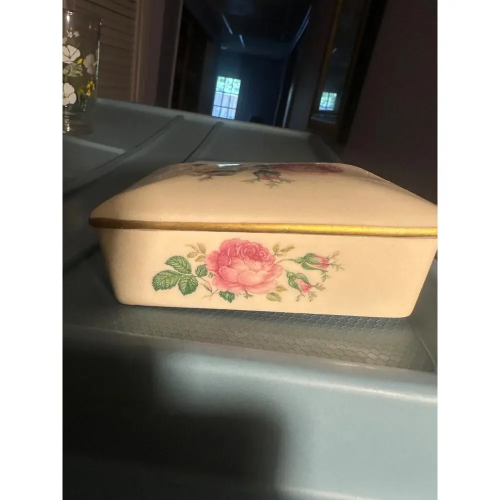 Vintage Porcelain Trinket Box Rose Pattern Jewelry Storage Holder